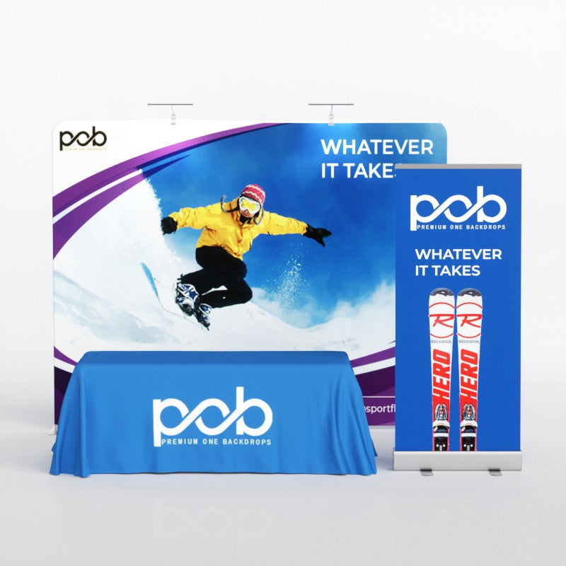 10x10 Trade Show Booth- Standard Kit (Backdrop + Roll Up Banner + Table Cover) | POB