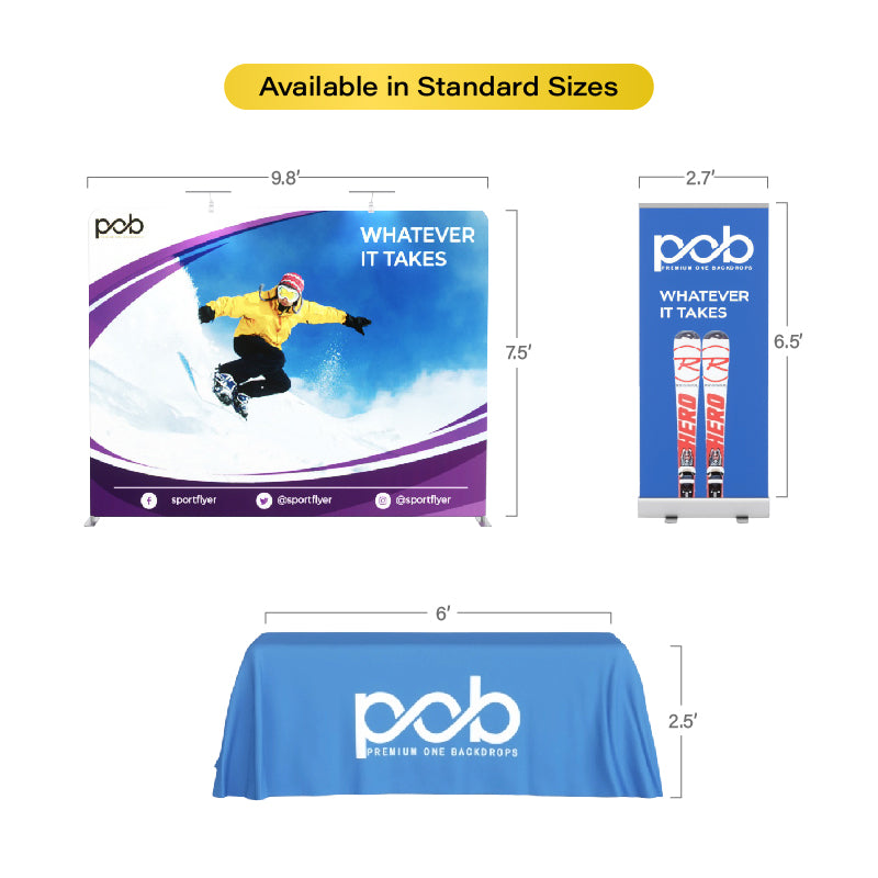 10x10 Trade Show Booth- Standard Kit (Backdrop + Roll Up Banner + Table Cover) | POB
