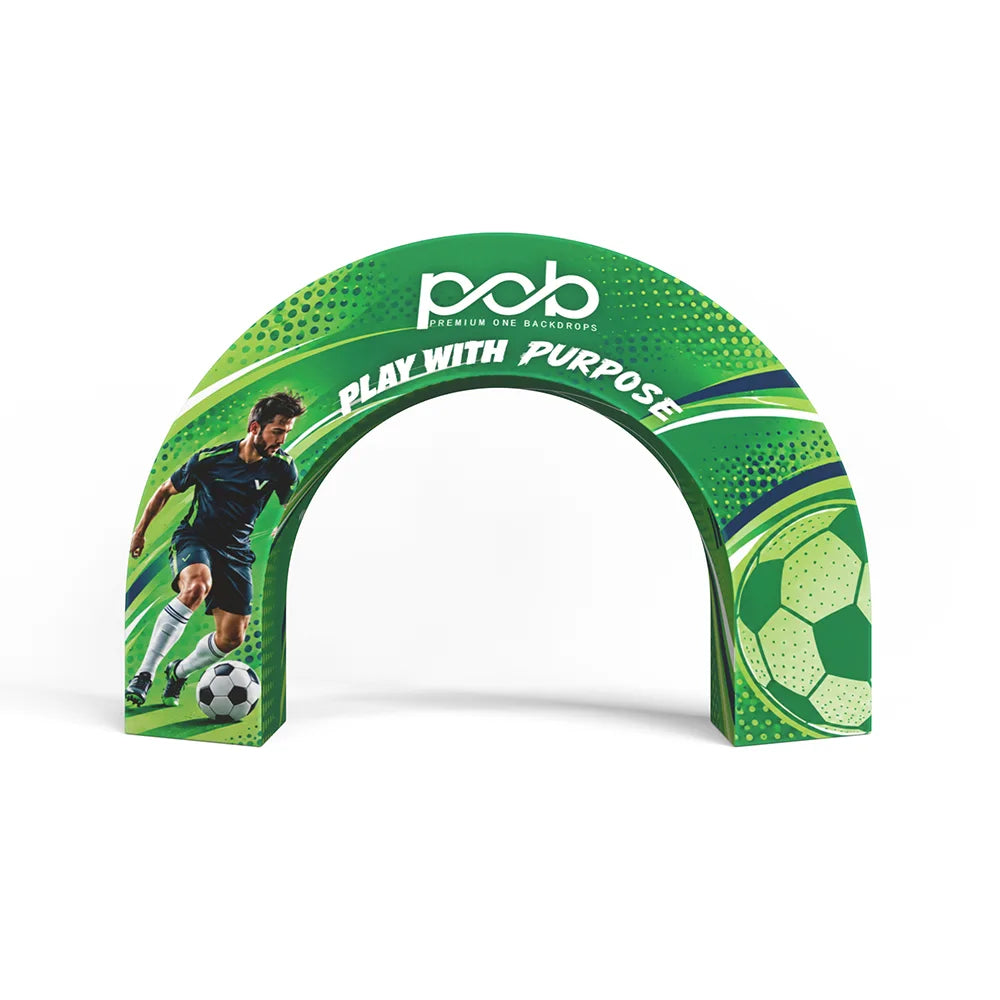 Front view of a green 3D archway display with a wide curved opening and football-themed graphics