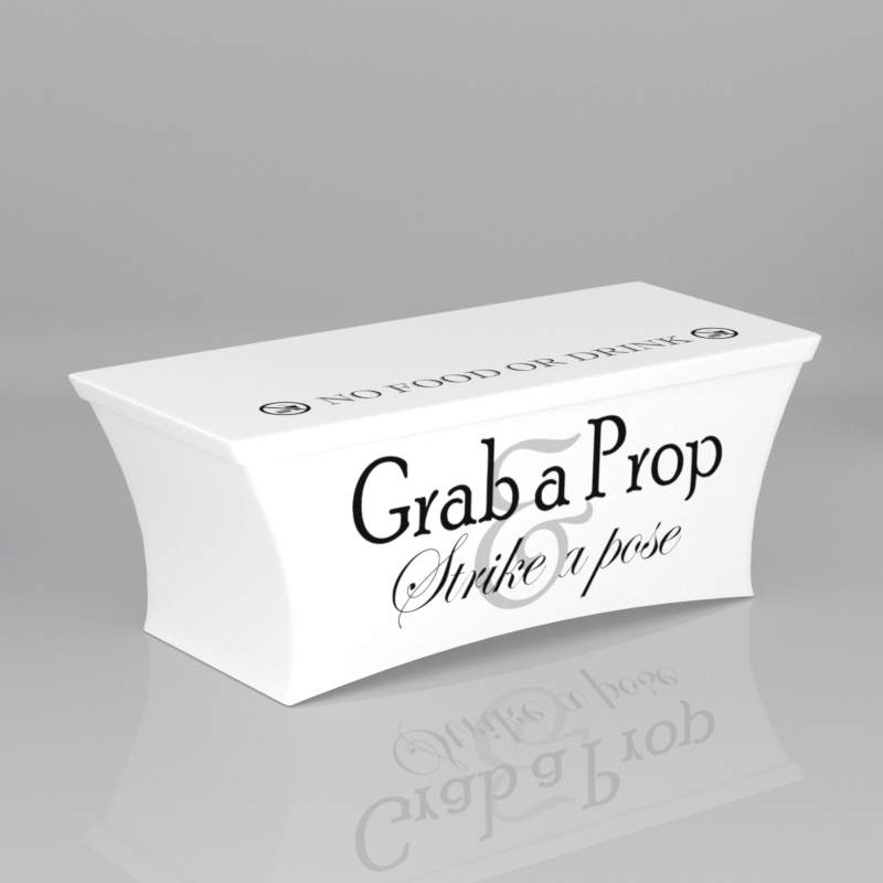 6ft White Spandex Fabric Table Cover Grab a Prop Silver Bold Letters