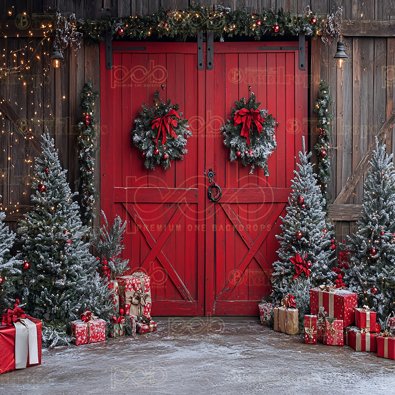 Pillow Cover Backdrop(Christmas Red Barn Door Wreath)