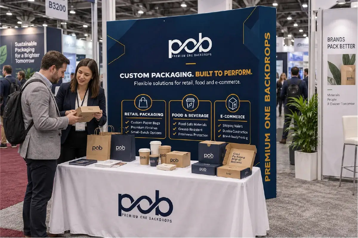 Curved fabric pop up display with end caps used as a branded trade show booth backdrop