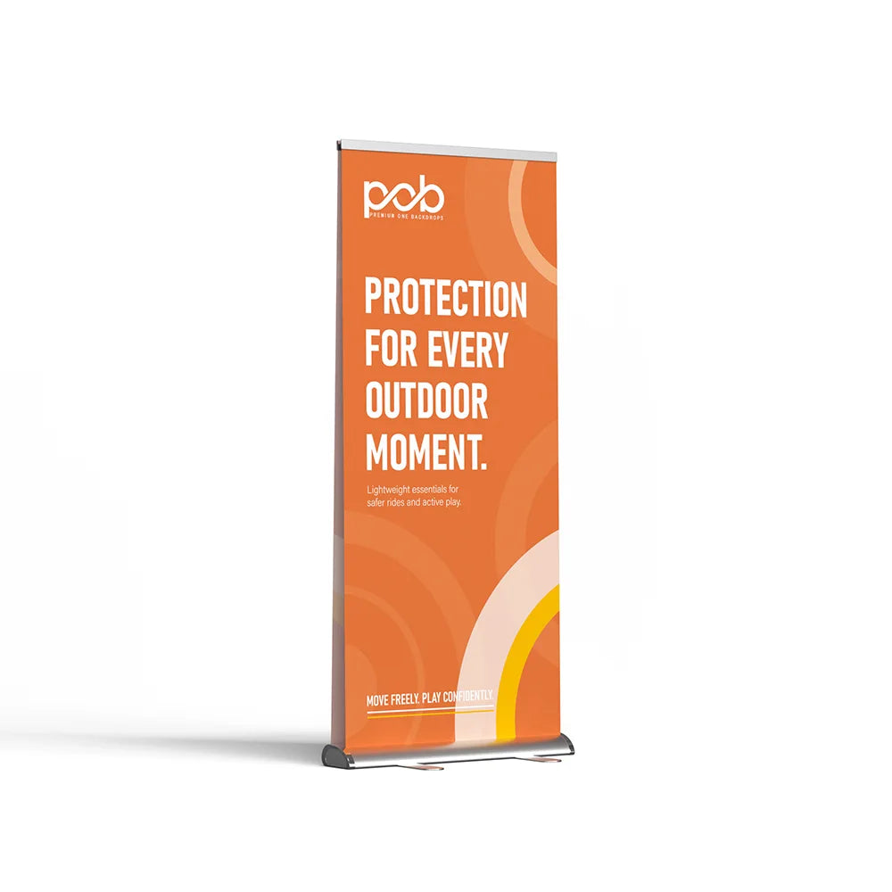 Double-sided teardrop roll up banner stand – right angle view