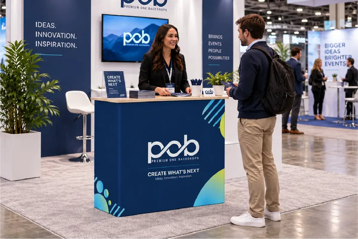 Branded fabric pop up counter display used as a reception desk for visitor conversations at a trade show