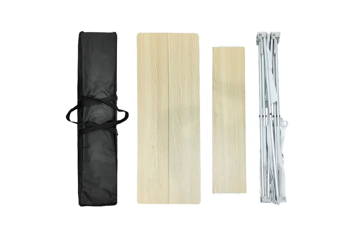 Fabric pop up counter components including a folded aluminum frame, tabletop panels and carrying bag