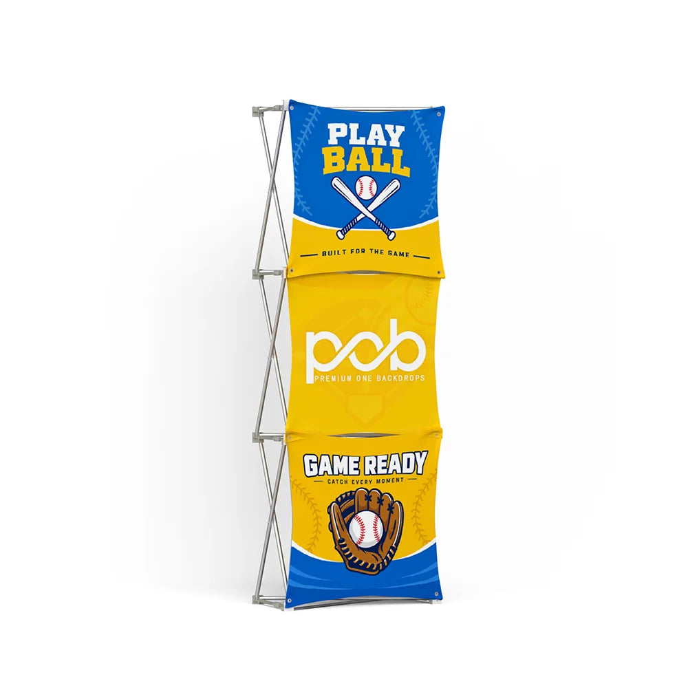 Right view of 1x3 modular fabric pop up grid display with freestanding fabric graphic