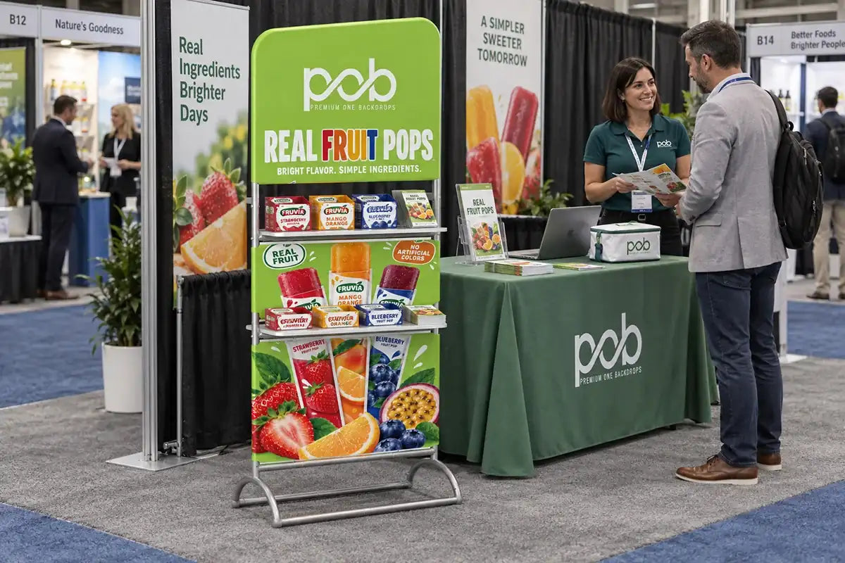 Inclined display stand with shelves showcasing fruit products at a trade show booth