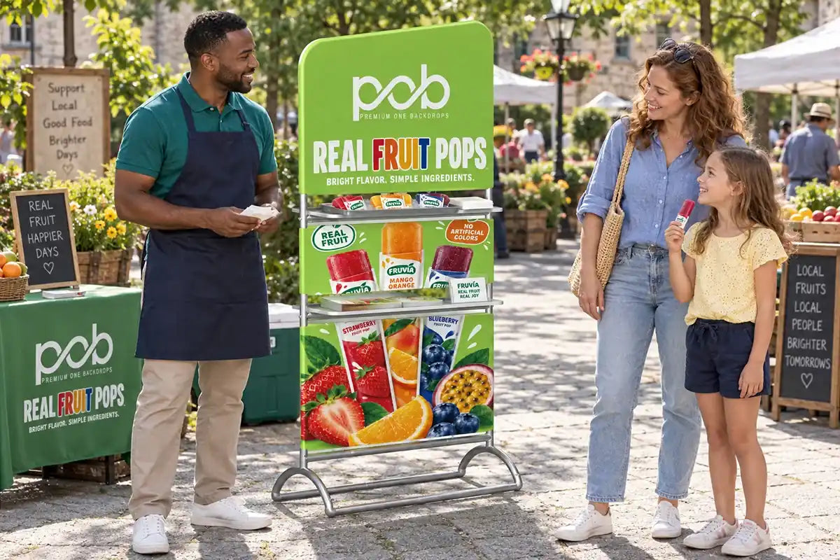 Branded inclined display stand with shelves promoting fruit pops at an outdoor market