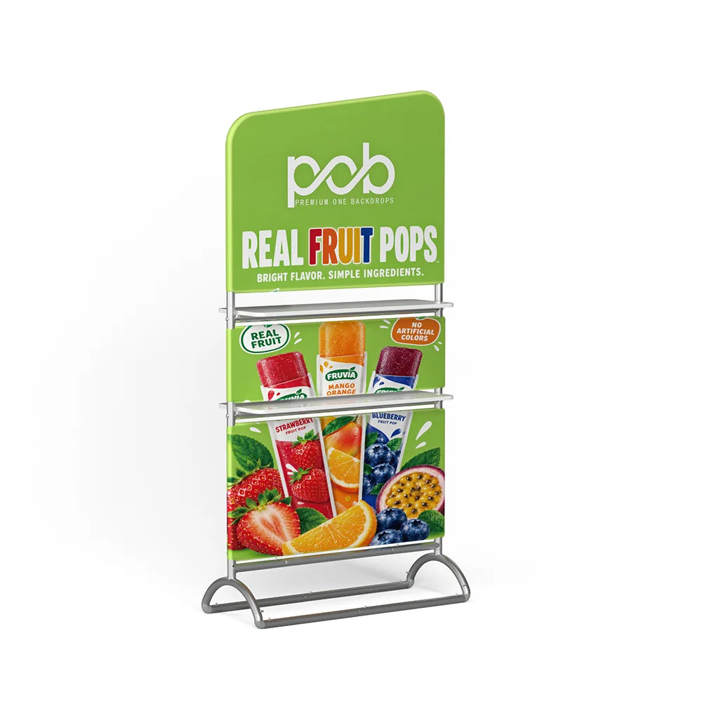Freestanding inclined display with shelves, colorful printed panels and a silver metal frame