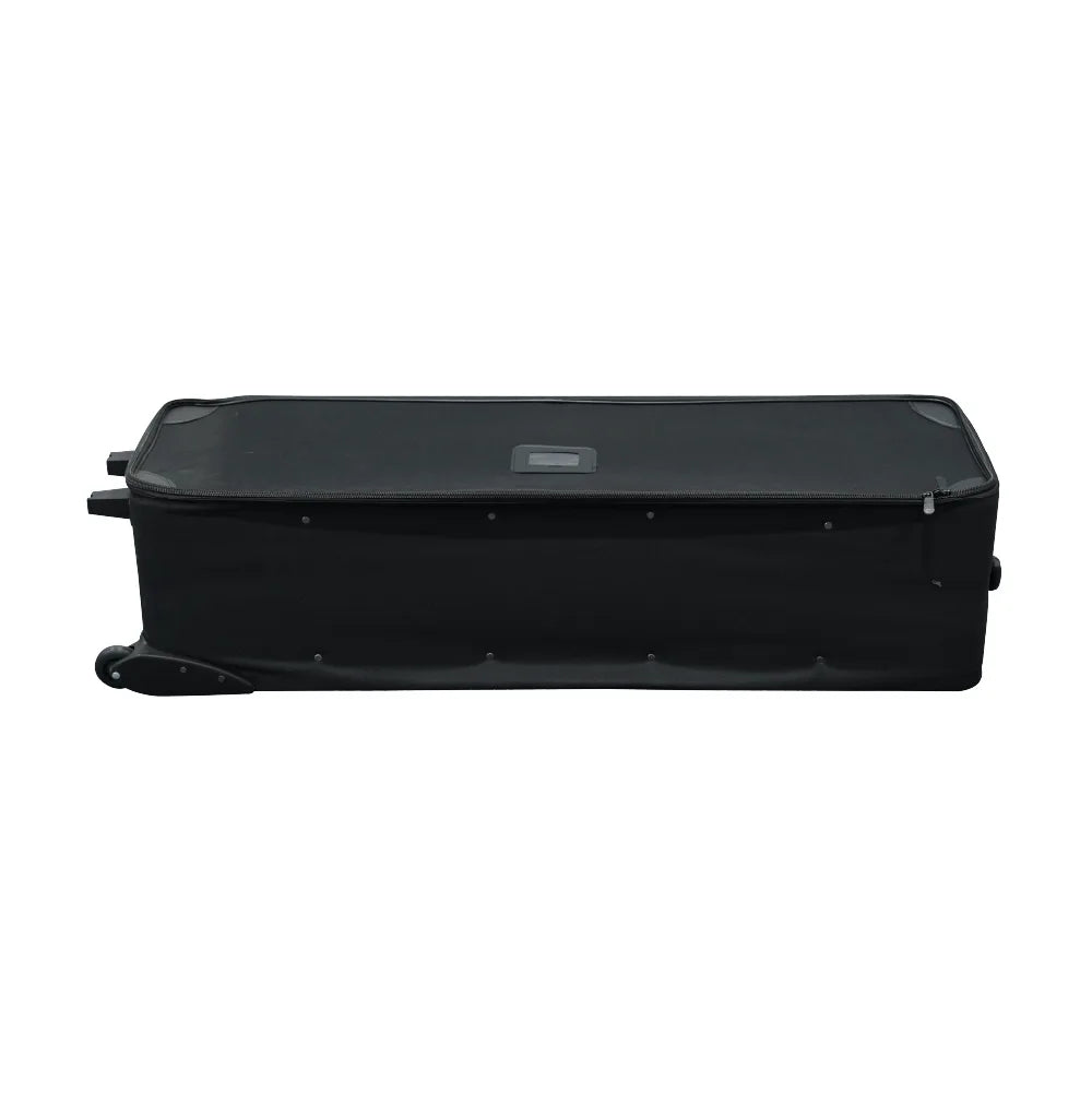 Front view of a large black hard case with wheels, zippered closure and reinforced corners