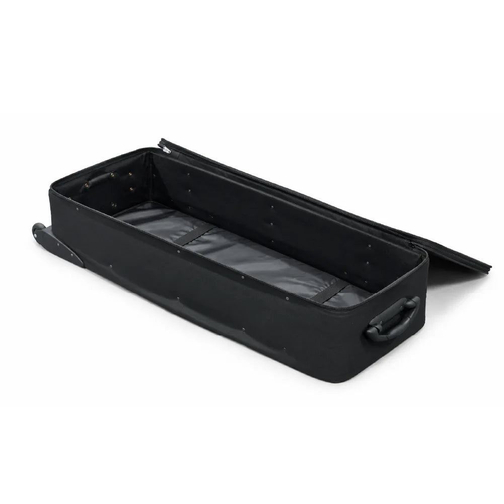 Open large wheeled hard case showing a spacious interior with securing straps for trade show display equipment