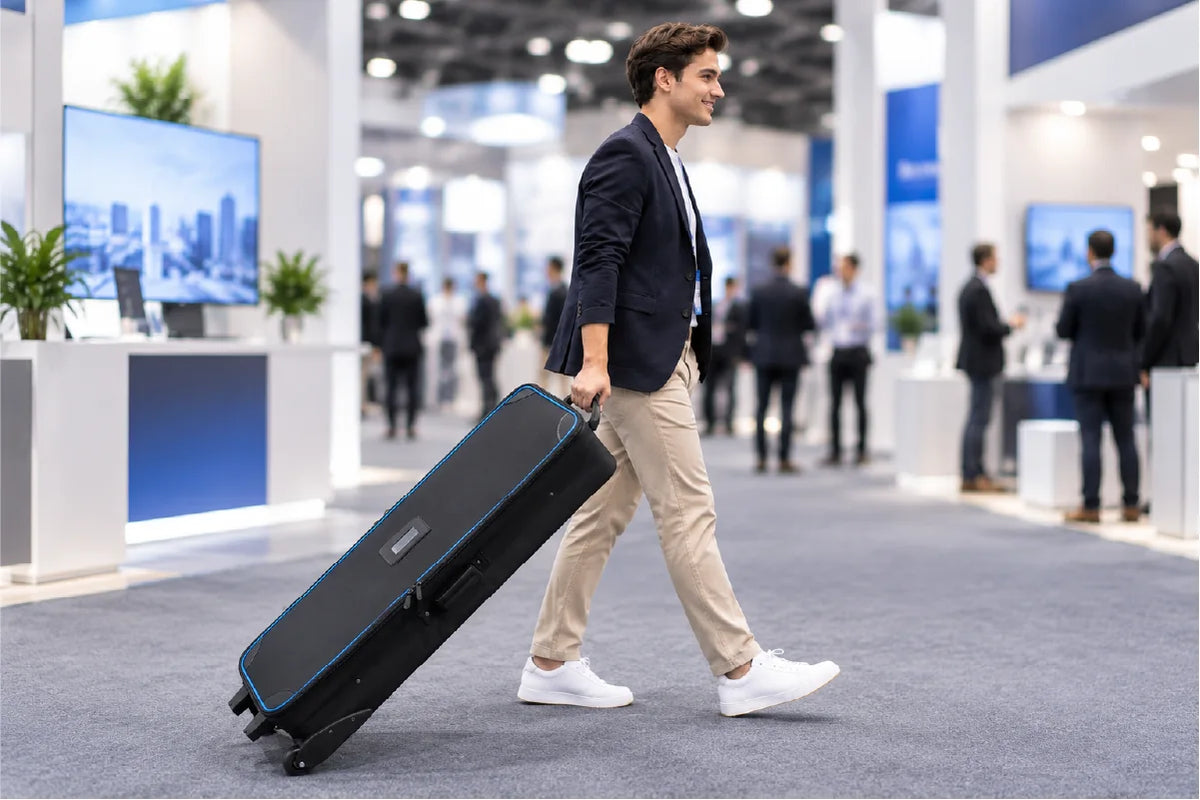 Trade show exhibitor pulling a black hard case with wheels through a busy exhibition hall