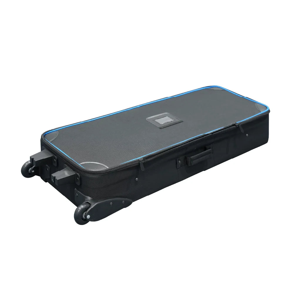 Black medium hard case with wheels, blue trim, reinforced corners and zippered closure