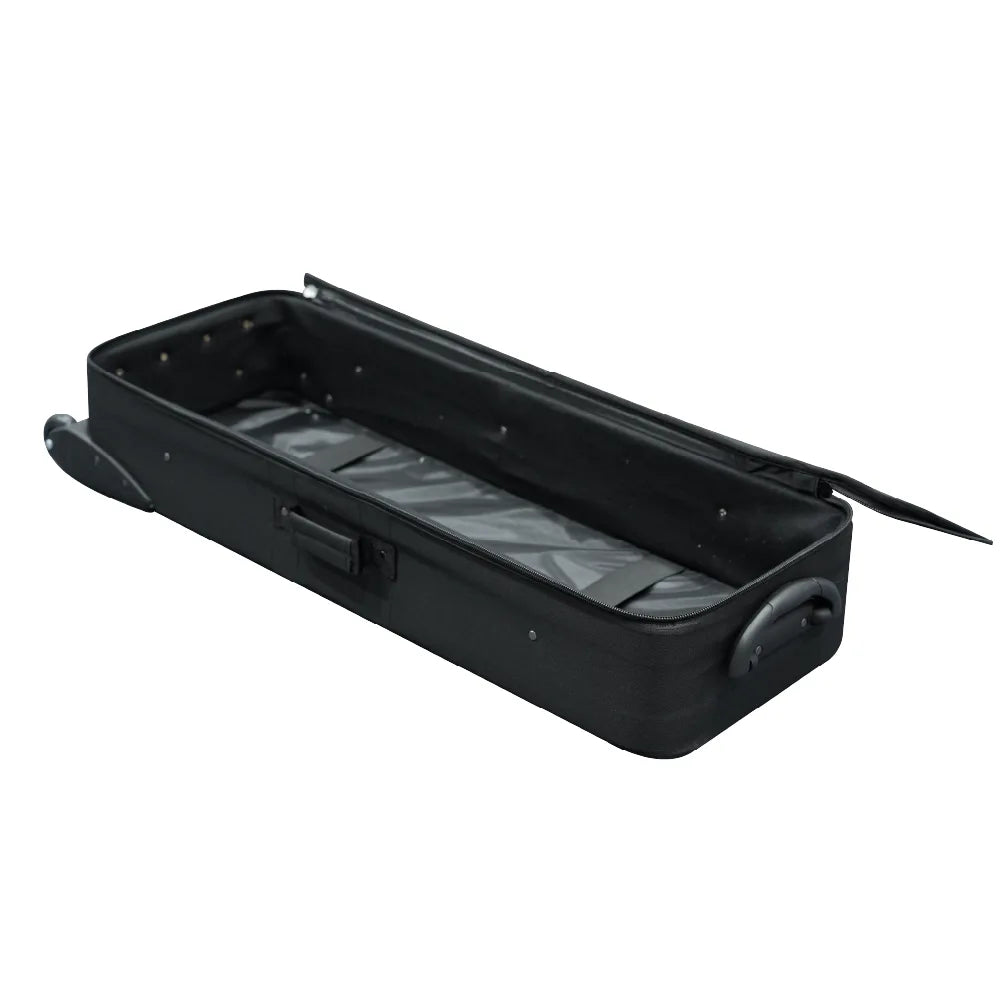 Open medium hard case with wheels showing the spacious interior and securing straps for display equipment