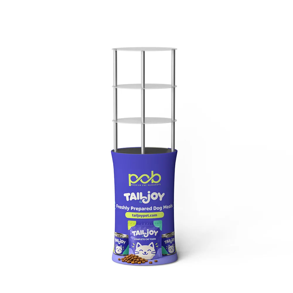 Front view of an oval display rack with three silver shelves and a purple branded fabric base