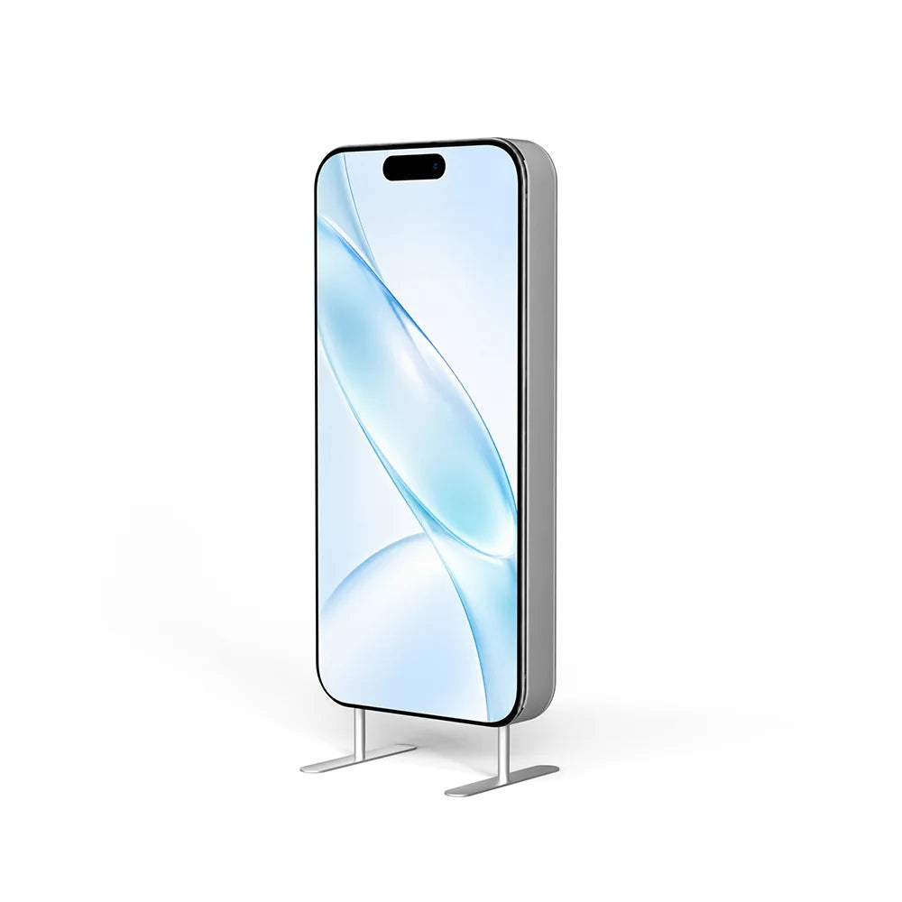 Angled view of a phone-shaped exhibit stand with a silver frame and dual metal feet