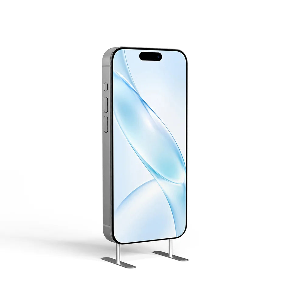 Phone-shaped display stand with printed smartphone graphics and a freestanding metal base