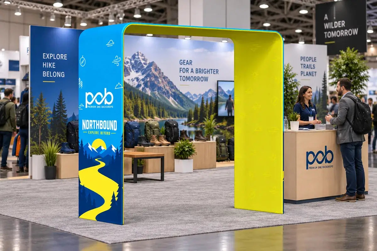 Branded square arch display used as an entrance feature for an outdoor gear exhibition booth