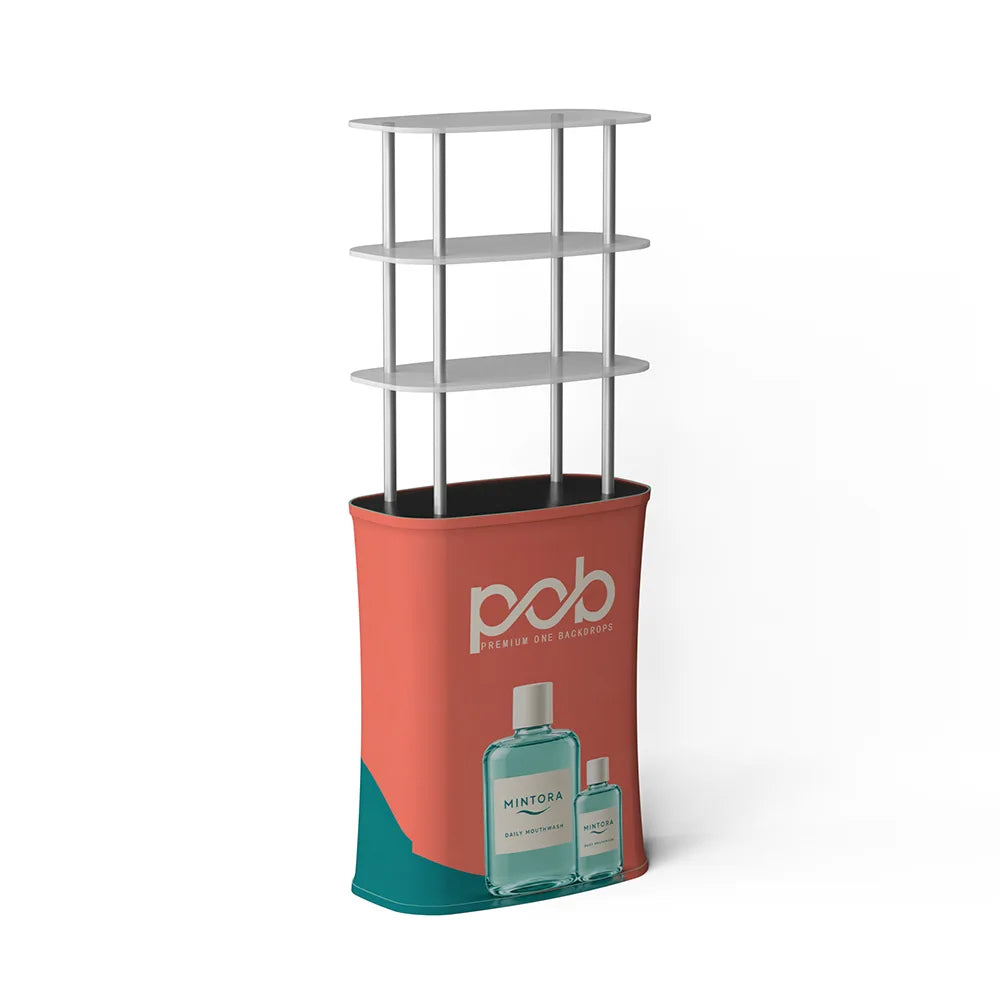 Freestanding square display rack featuring metal support poles and a printed promotional base