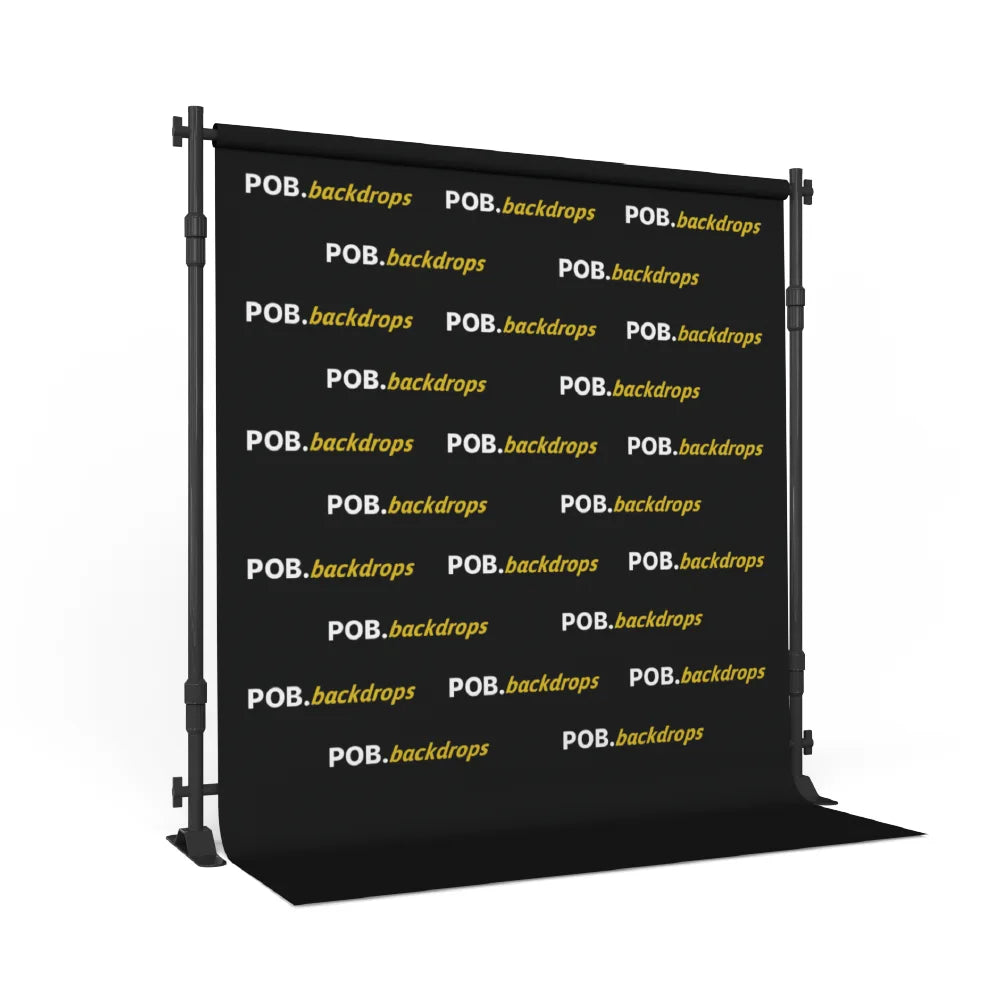 Right angle view of 8ft step and repeat banner with top pole pocket and floor sweep