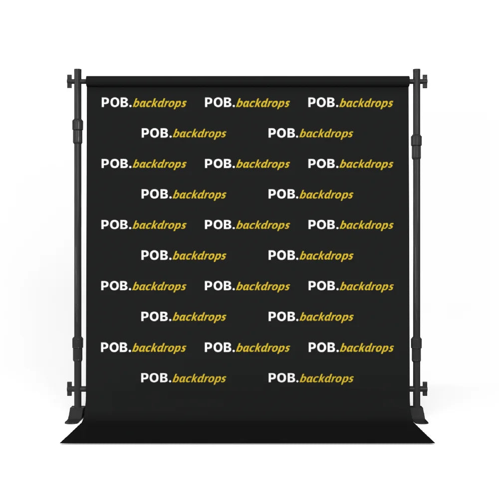 Front view of 8ft step and repeat banner with custom printed graphic and floor sweep