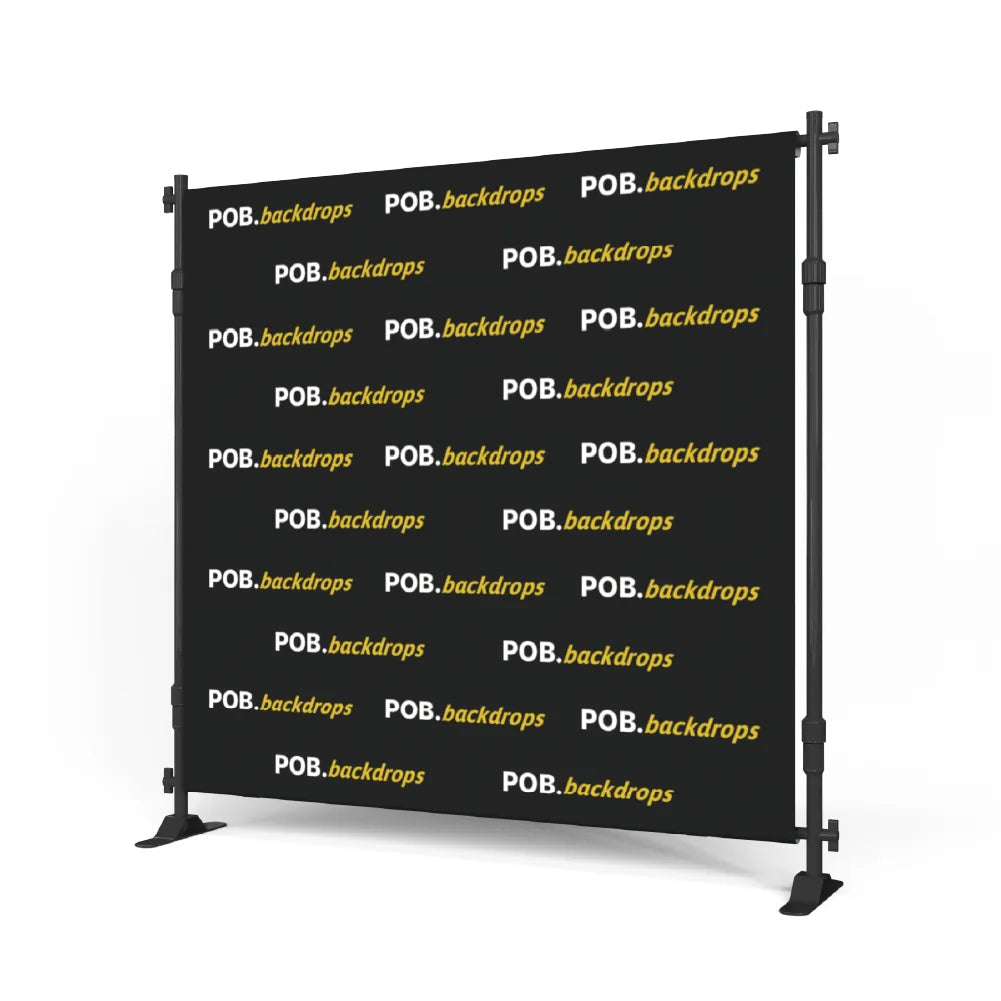 8ft step and repeat banner stand with custom printed fabric shown from left angle
