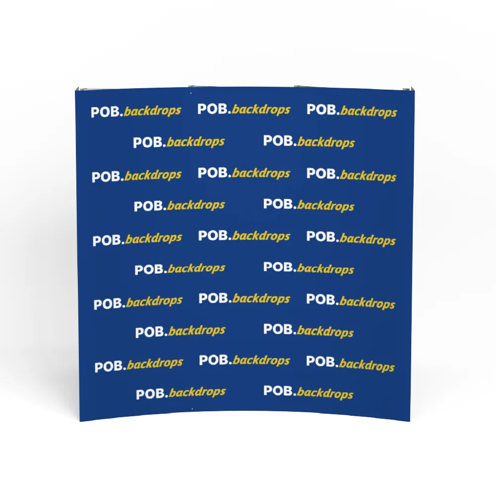 Step and repeat pop up curved display with branded backdrop front view