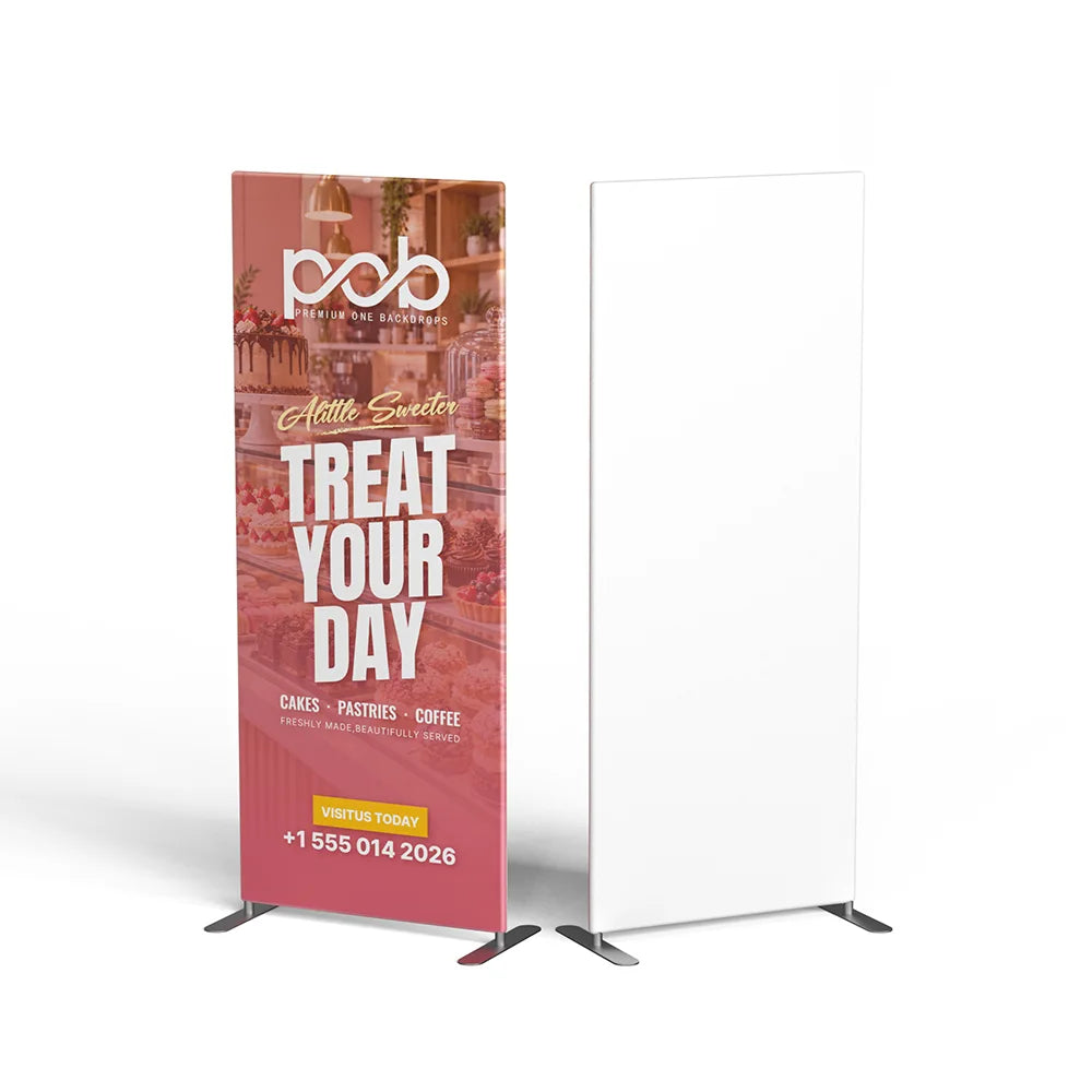 Single sided portable fabric display with custom printed graphic backdrop