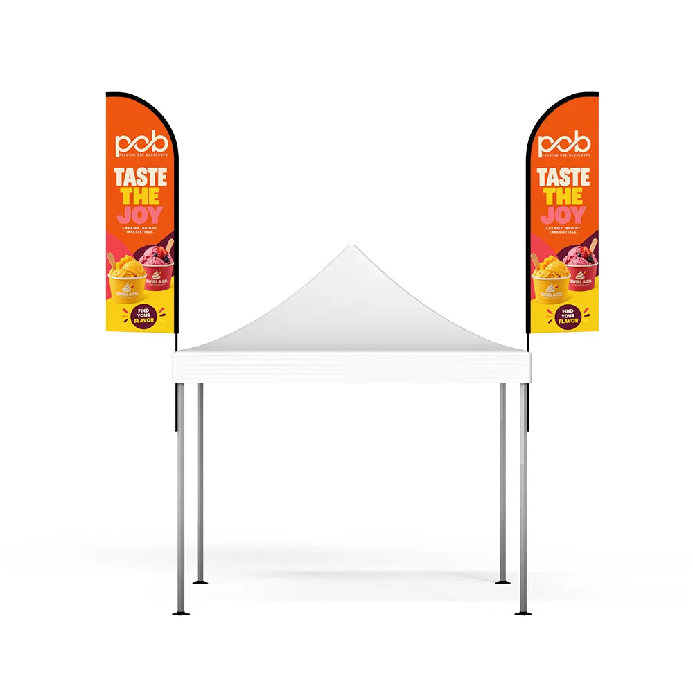Front view of a white canopy tent with two orange feather flags featuring colorful ice cream advertising graphics