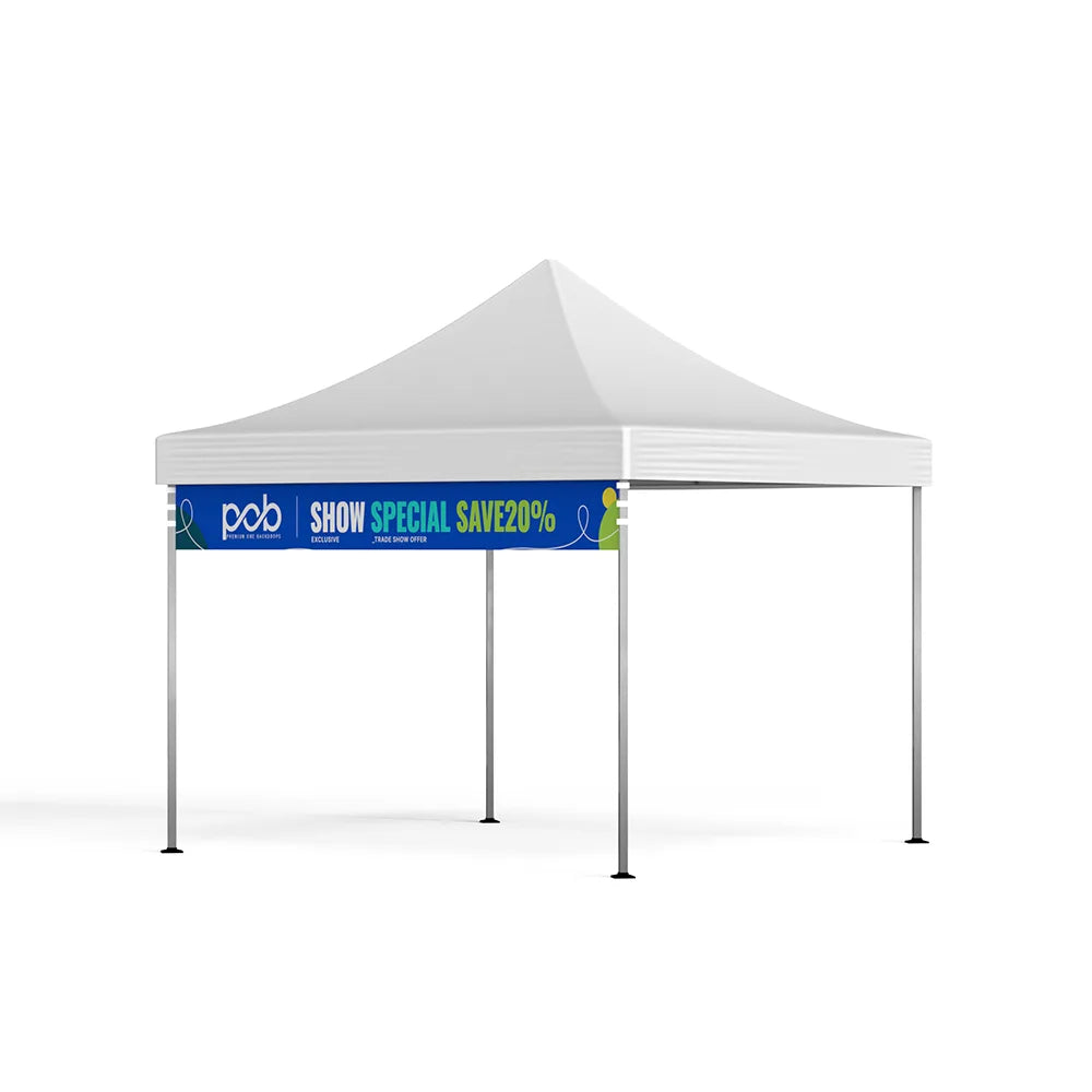 Side angle view of a white canopy tent featuring a blue printed valance banner along the front edge