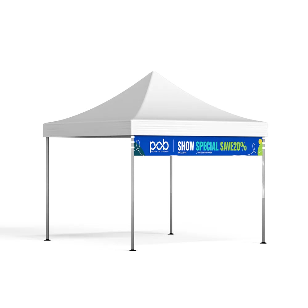 Angled view of a white pop up canopy tent with a blue promotional valance banner attached to the front