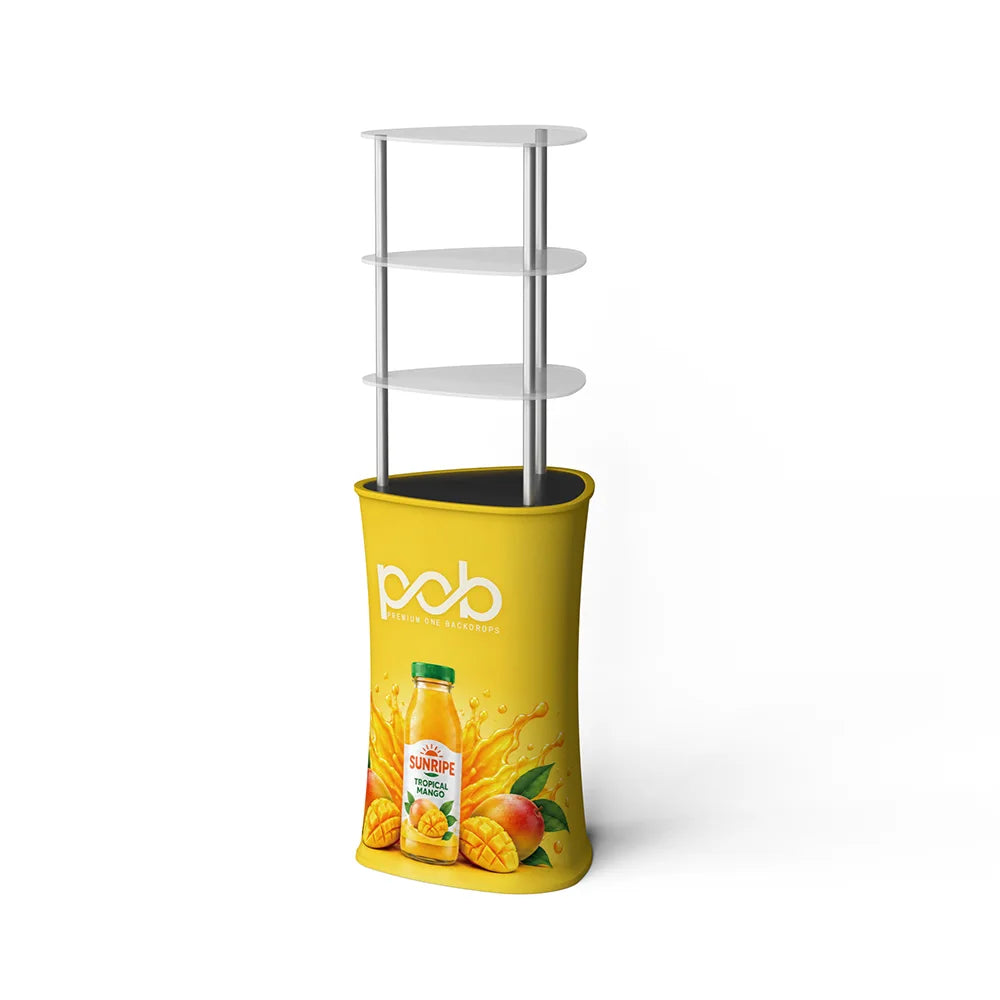 Side angle of a freestanding triangle display rack featuring white display shelves and a yellow promotional base
