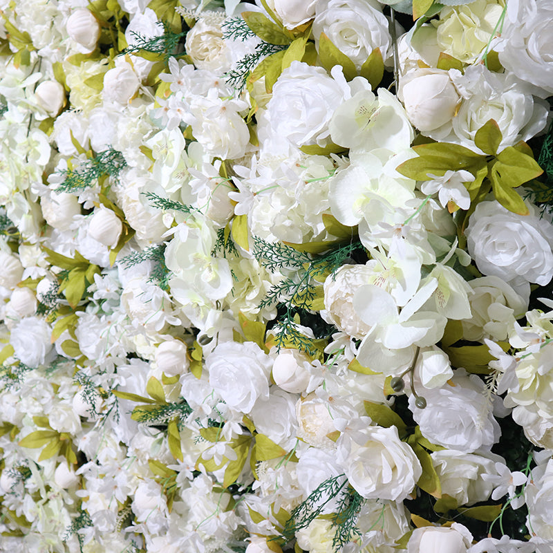 White Rose and Champagne Peonies With More Leaves Flower Wall