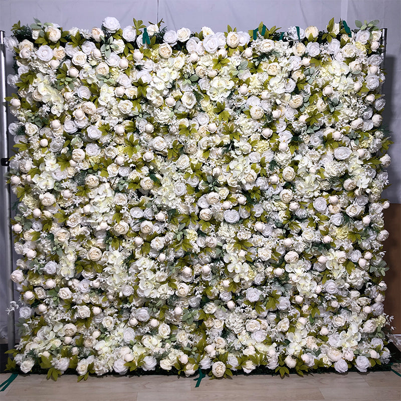 White Rose and Champagne Peonies With More Leaves Flower Wall