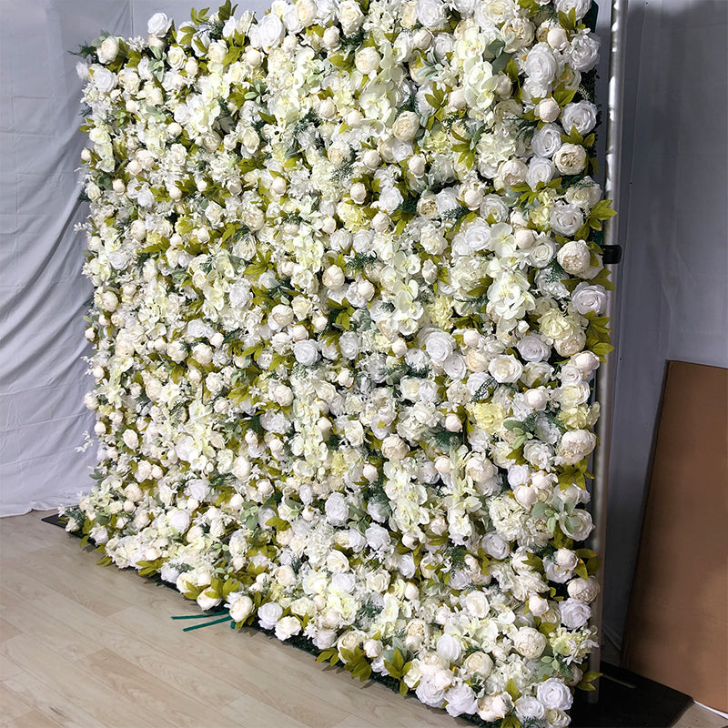 White Rose and Champagne Peonies With More Leaves Flower Wall