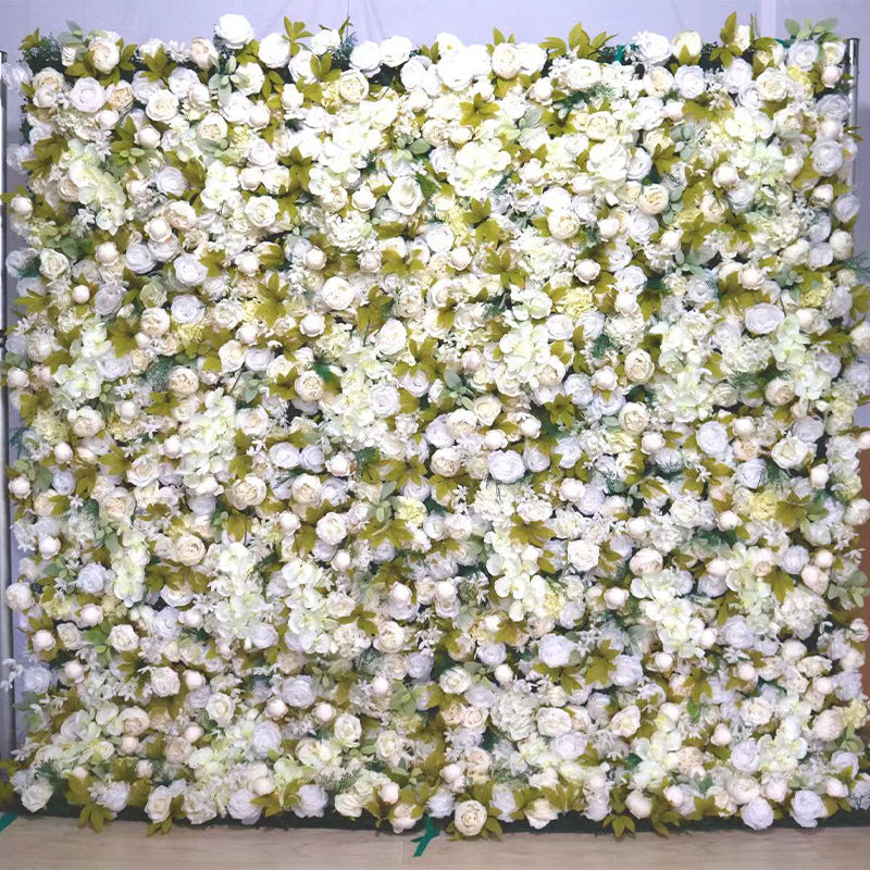 White Rose and Champagne Peonies With More Leaves Flower Wall