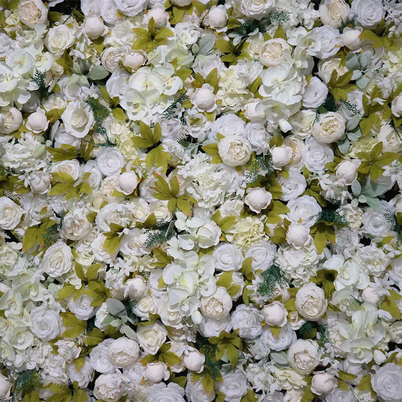 White Rose and Champagne Peonies With More Leaves Flower Wall