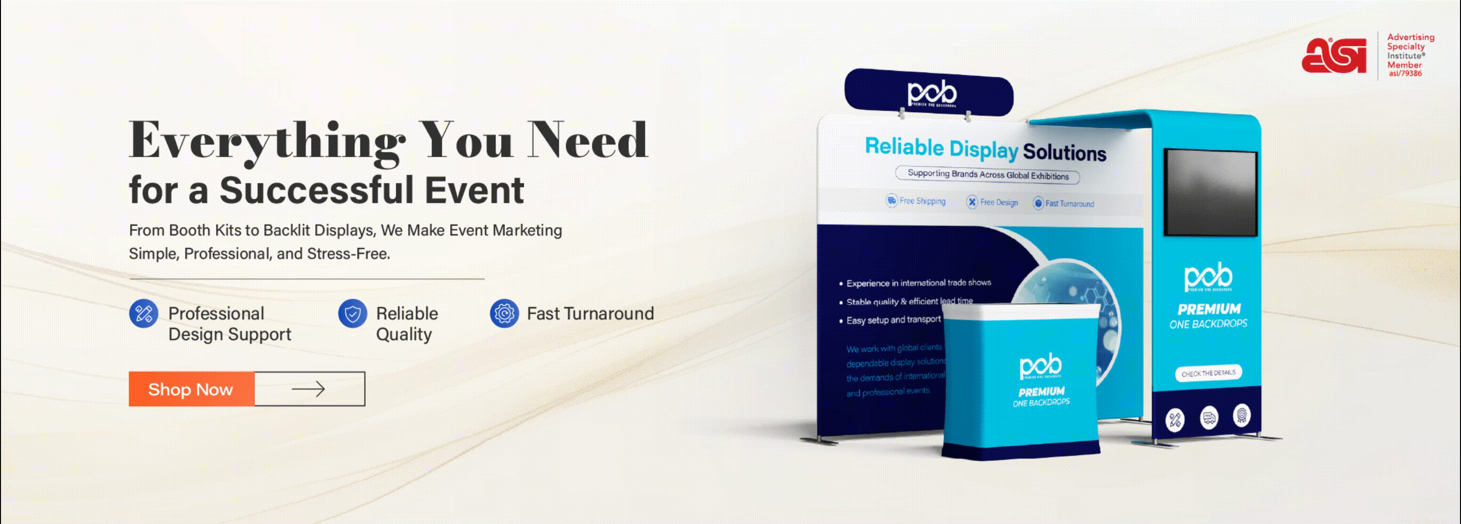 Trade show event display solutions with booth kit, backlit display and branded counter for exhibitions