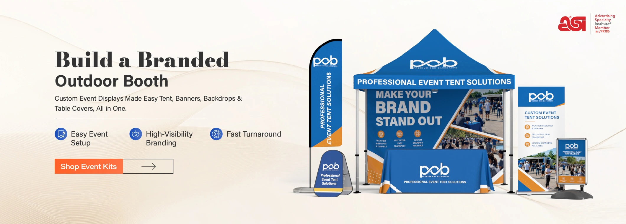 Custom outdoor booth display with event tent, flag, banner stand and table cover for branded events