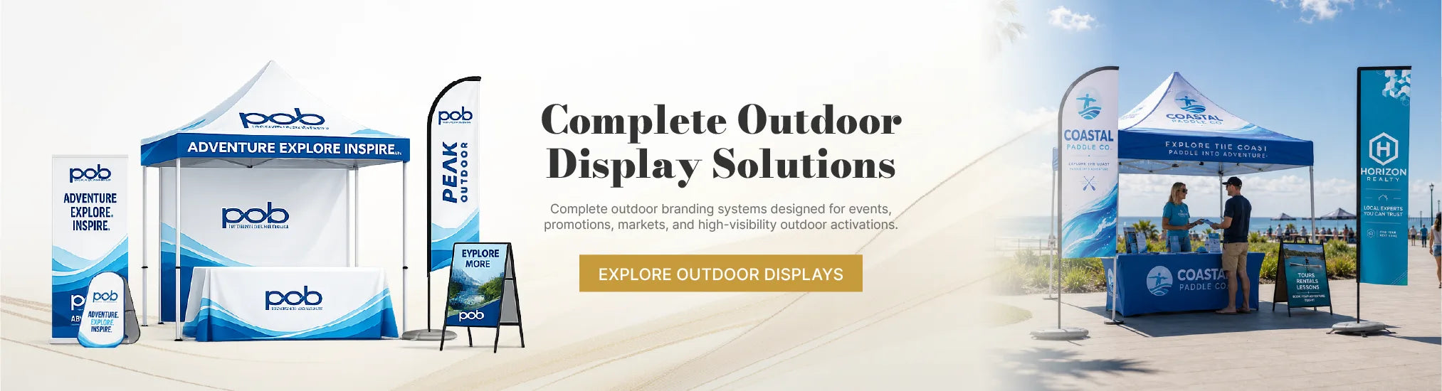 POB outdoor display collection featuring canopy tents, flags, outdoor banners and portable event signage