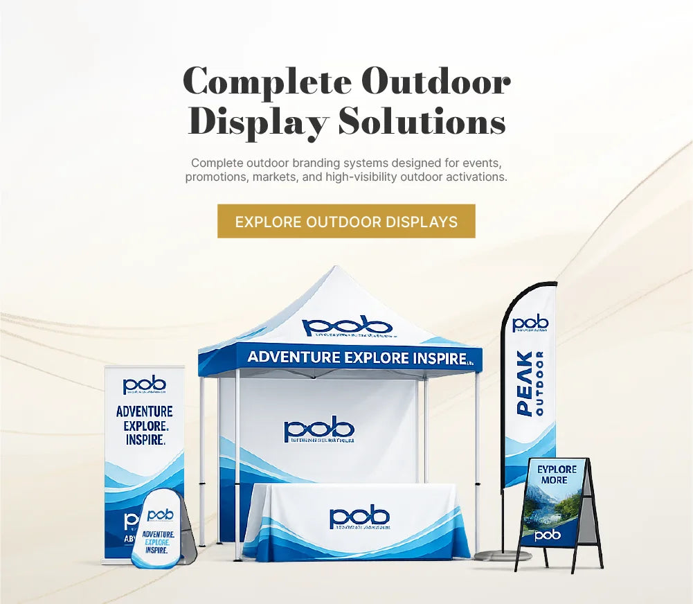 POB outdoor display collection featuring canopy tents, flags, outdoor banners and portable event signage