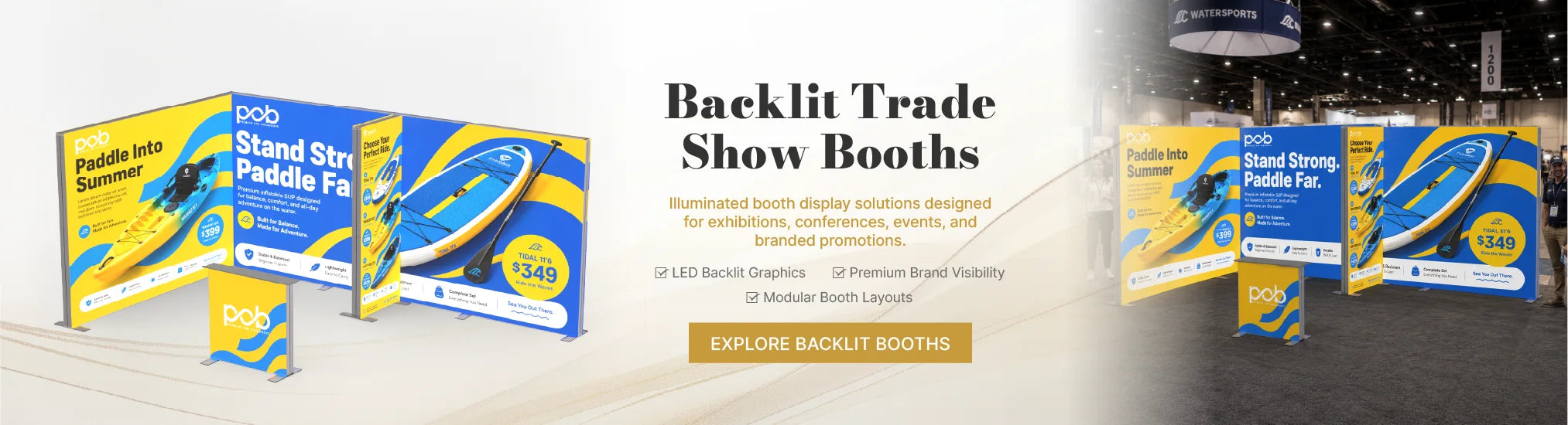 Backlit trade show booth displays with LED lighting and custom SEG fabric graphics