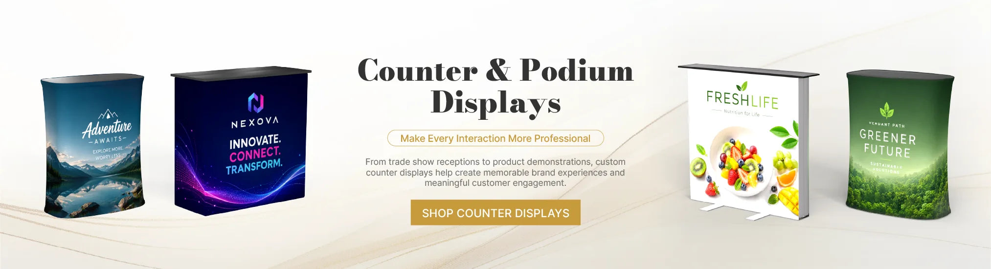 Custom counters and podium displays for trade show booths, reception areas and event branding