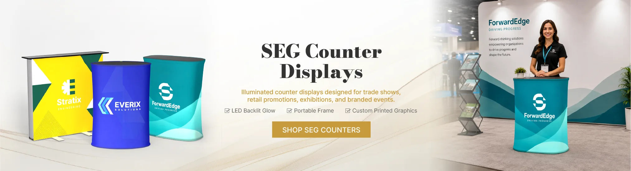 SEG counters with custom fabric graphics for trade show booths, reception areas and product display setups