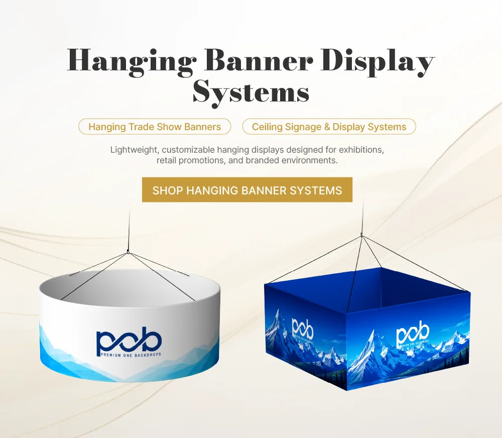 Hanging banner displays for overhead trade show branding and large venue visibility