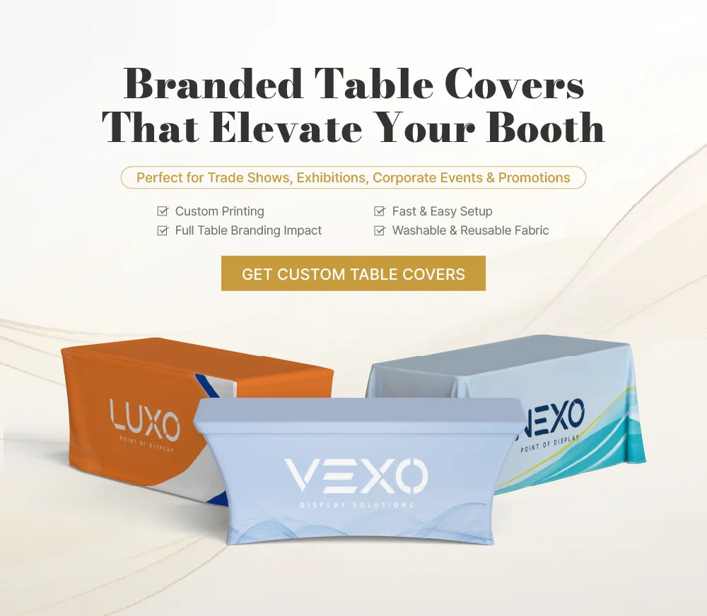 Custom table covers for trade shows, registration tables, product displays and branded event setups