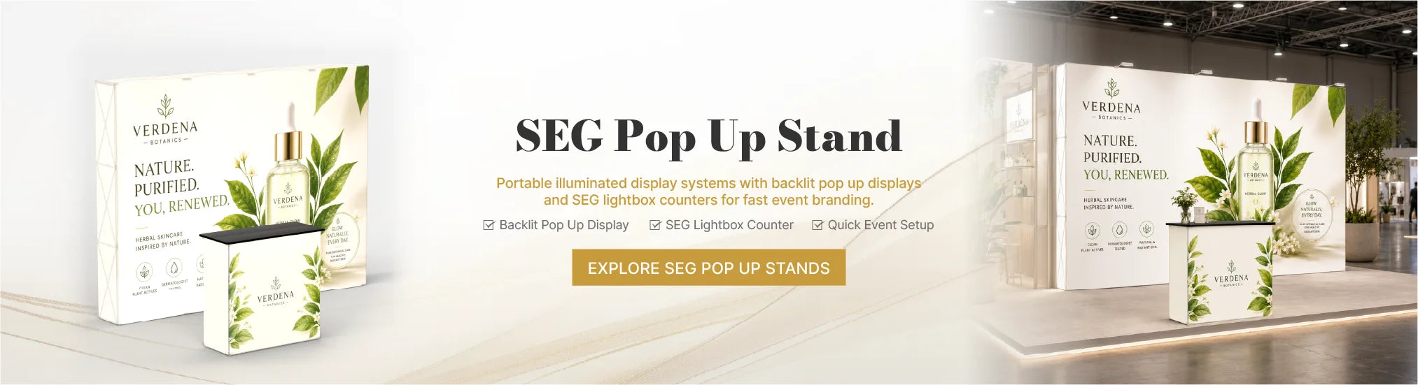Portable SEG pop up display stands with custom fabric graphics for quick trade show and event setup