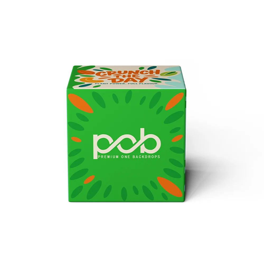 Front view of a green promotional display cube with POB logo and printed top panel