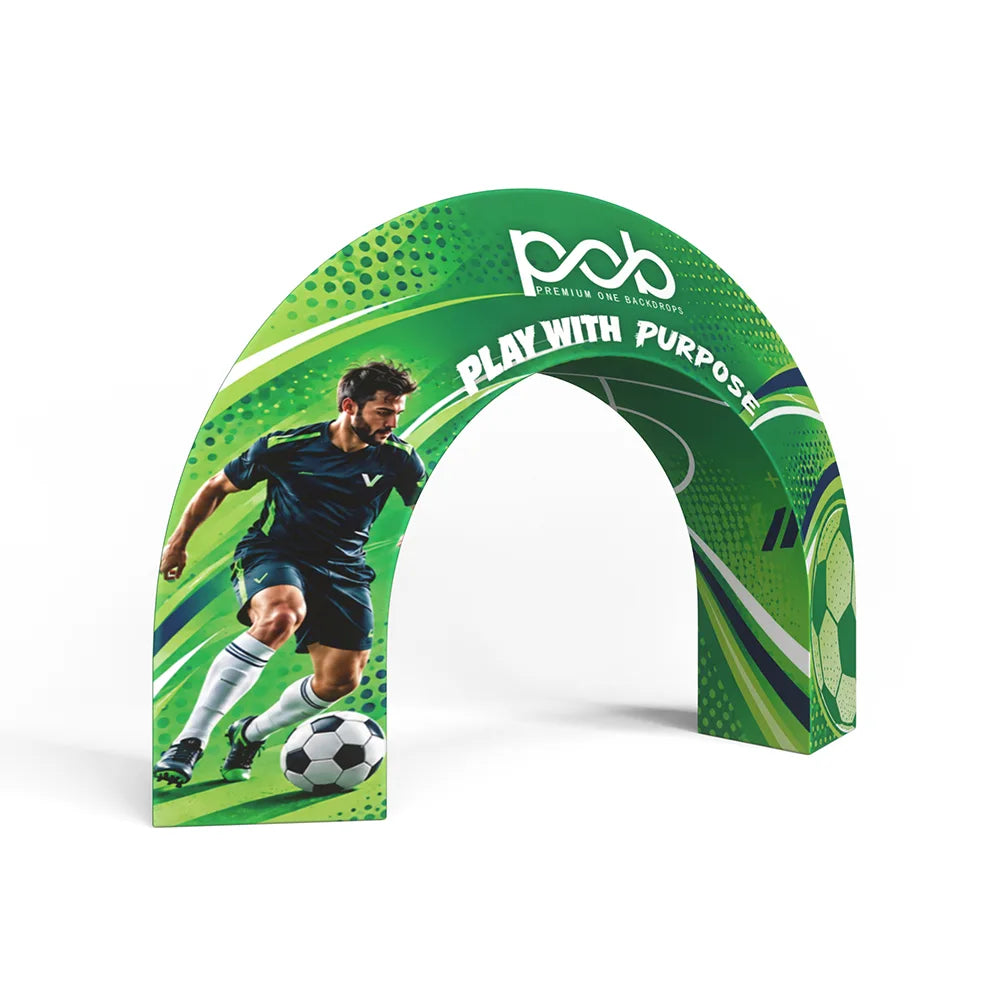 Angled view of a 3D archway display featuring a soccer player graphic and green printed panels