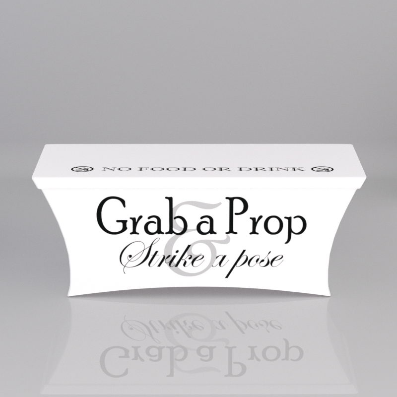 6ft White Spandex Fabric Table Cover Grab a Prop Silver Bold Letters